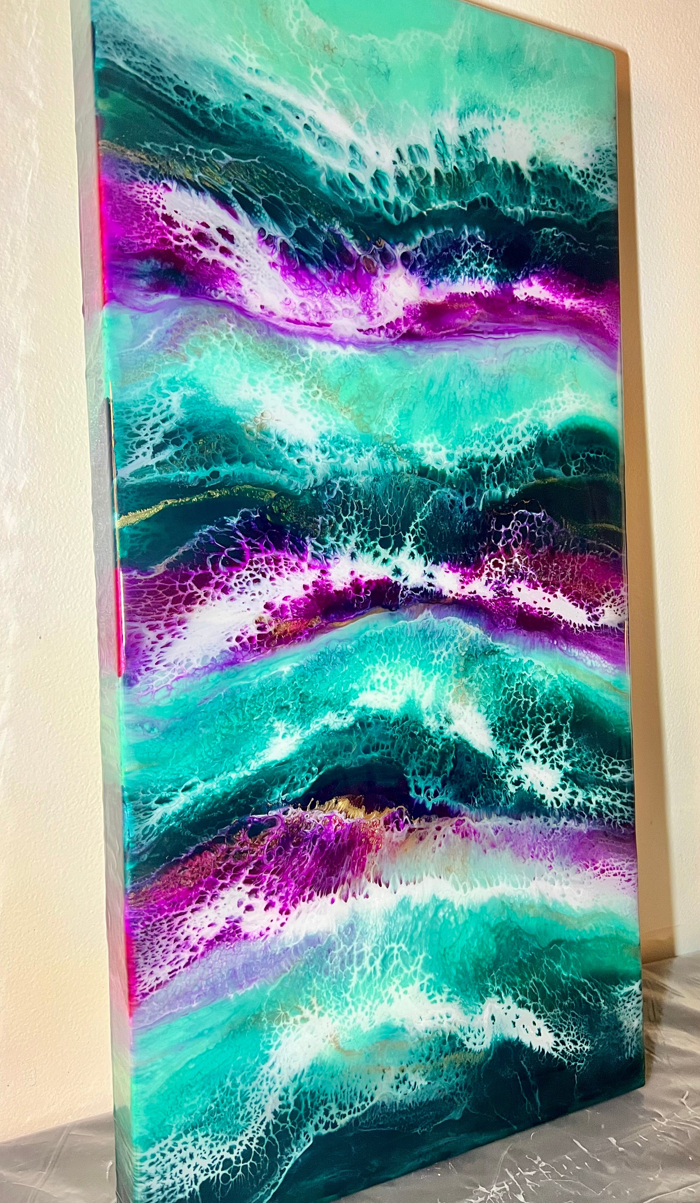  11 x 14 x 3/4 Original Abstract Acrylic Resin Painting Art  Violet Plum Teal Gold Pour Painting Technique New : Handmade Products