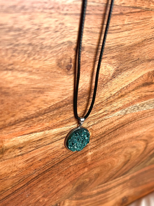 Deep Sea Green Druzy Resin Necklace | SIlver