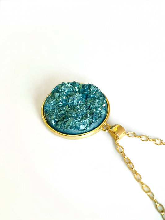 Turquoise-Blue Druzy Resin Necklace- Gold Vermeil Chain and Bezel