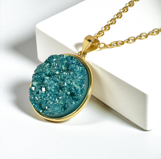Turquoise-Blue Druzy Resin Necklace- Gold Vermeil Chain and Bezel