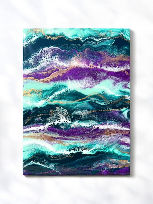 Pintura de ondas de resina de color turquesa oscuro, verde azulado claro, morado y dorado de 12" x 16"