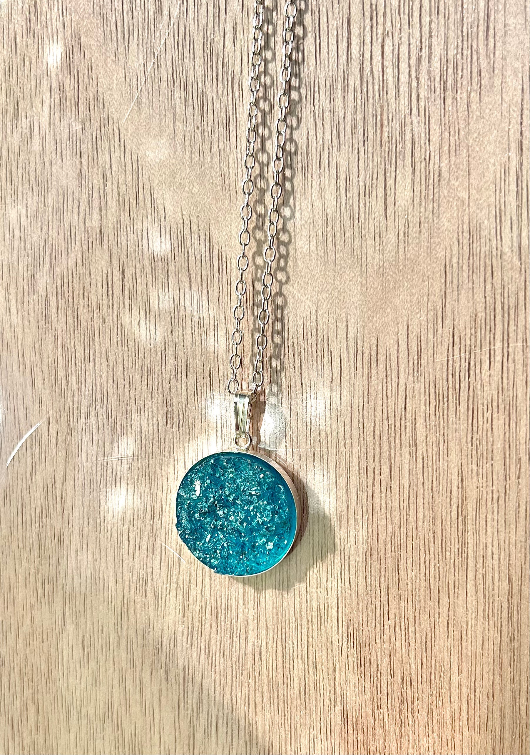 Light Turqoise-Blue Druzy Resin Necklace- Sterling Silver Chain