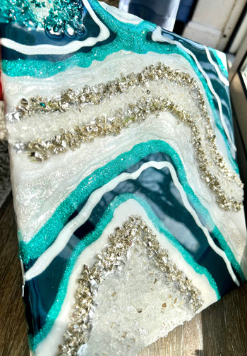 12" x 12" Turquoise and Silver Resin Geode Painting - L.A. Resin Art