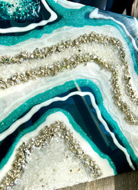 12" x 12" Turquoise and Silver Resin Geode Painting - L.A. Resin Art