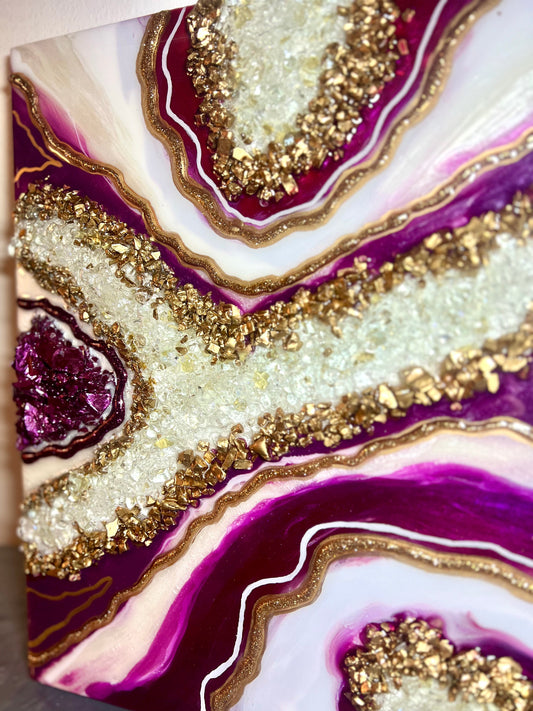 12" x 16" Burgundy and Gold Resin Geode Painting - L.A. Resin Art