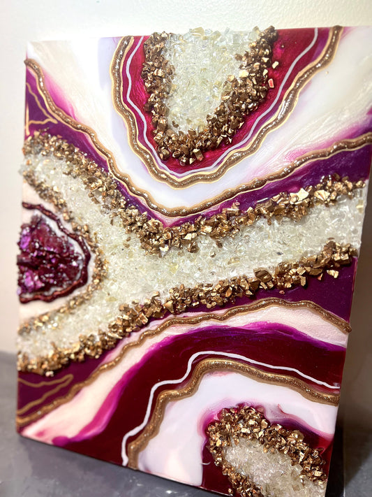 12" x 16" Burgundy and Gold Resin Geode Painting - L.A. Resin Art