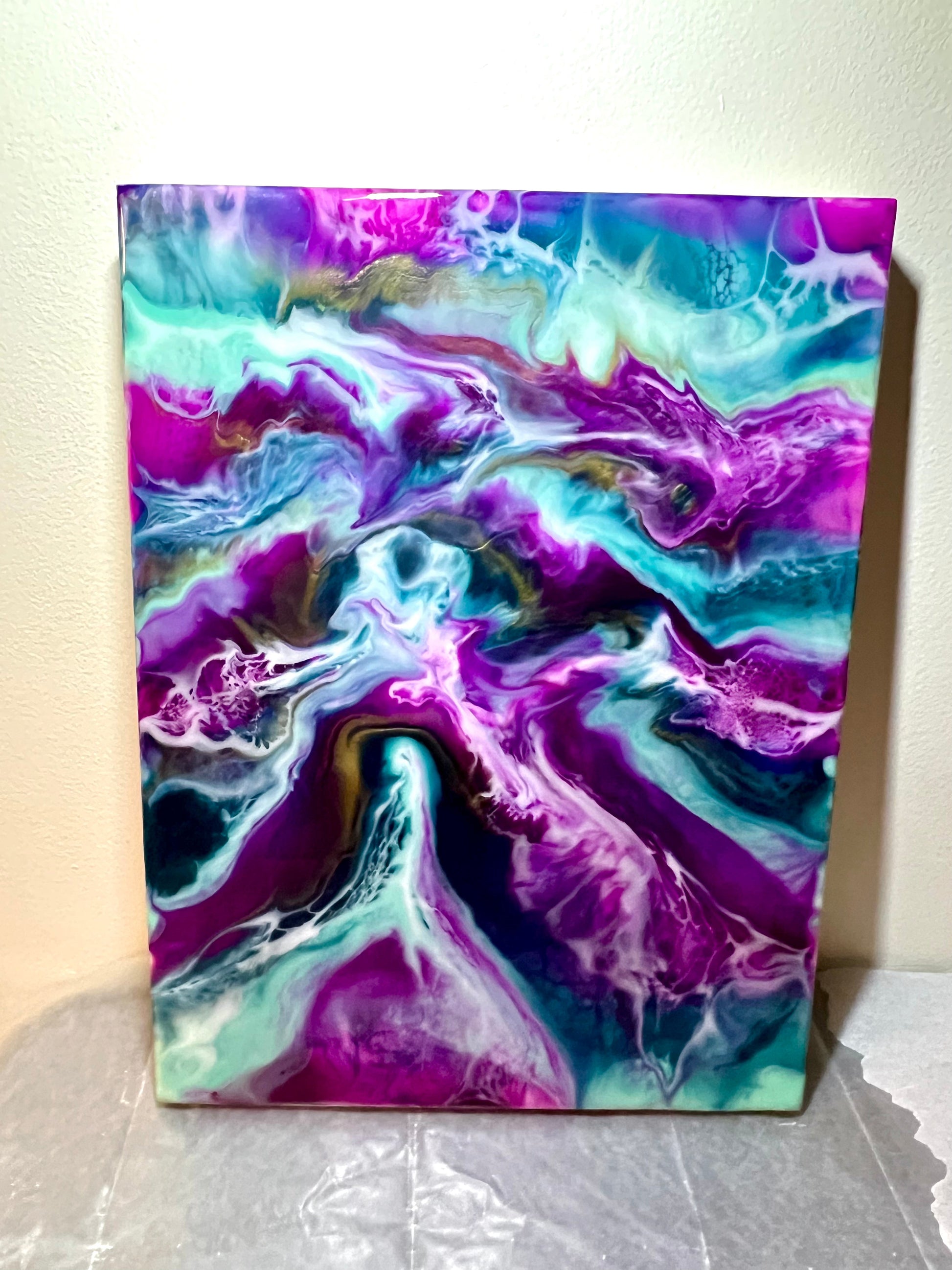 12" x 16" Electric Pink and Blue Resin "Waves" Painting - L.A. Resin Art