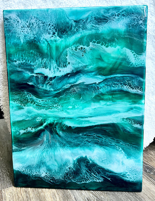 12" x 16" Greens, Blues, and Silver Resin Painting - L.A. Resin Art