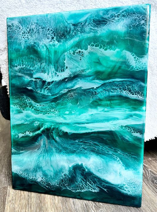 12" x 16" Greens, Blues, and Silver Resin Painting - L.A. Resin Art