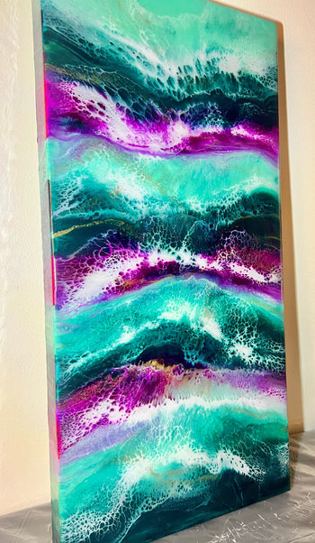 12" x 24" Deep Turquoise, Teal, Magenta, and Gold Resin Painting - L.A. Resin Art