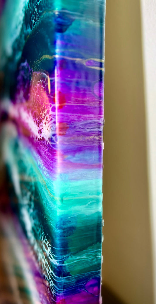 12" x 24" Deep Turquoise, Teal, Magenta, and Gold Resin Painting - L.A. Resin Art
