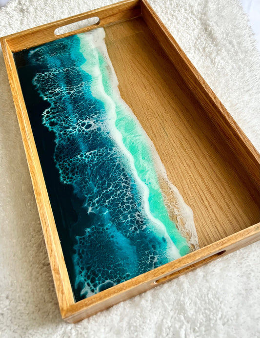 15-1/4" x 9" Resin Beach Waves Wooden Tray - L.A. Resin Art