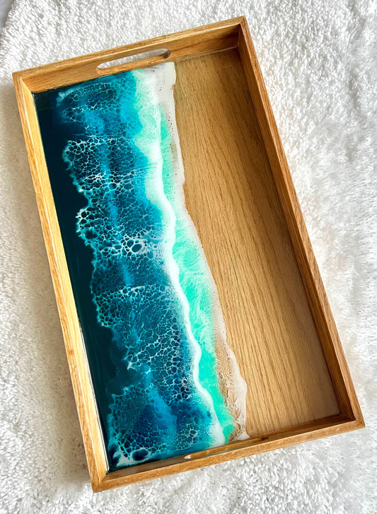 15-1/4" x 9" Resin Beach Waves Wooden Tray - L.A. Resin Art