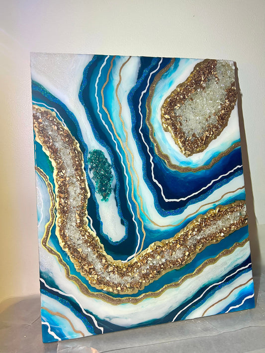 16" x 20" Blues and Gold Resin Geode Painting on a 1-1/2" Deep Wooden Board - L.A. Resin Art