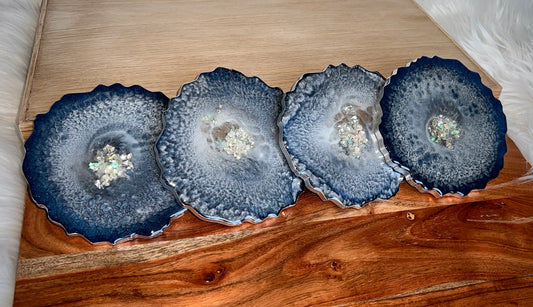 Blue-Grey and Silver Agate-Shaped Casted Resin Coaster Set