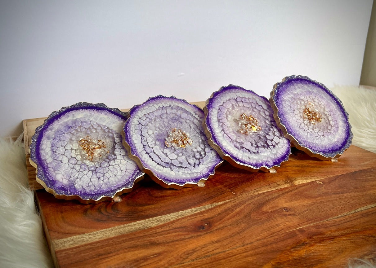 Purple and Lavender-Pearl Agate-Shaped Casted Resin Coaster Set