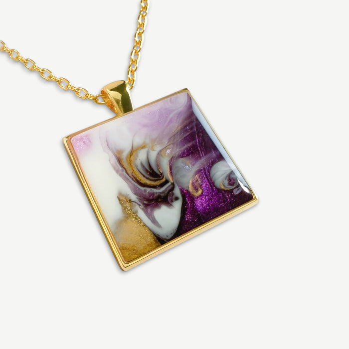 Amethyst Reverie Square Resin Pendant Necklace | Gold