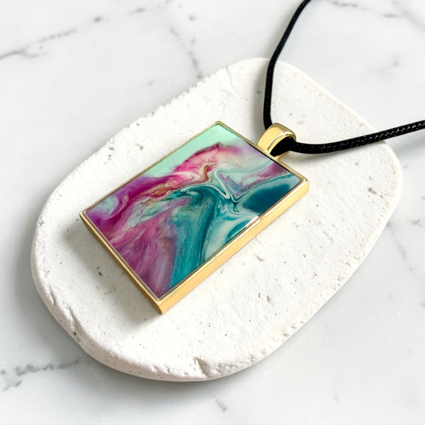 Aurora Bloom Resin Pendant Necklace | Black Cord