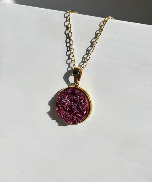 Burgundy Druzy Resin Necklace | Gold