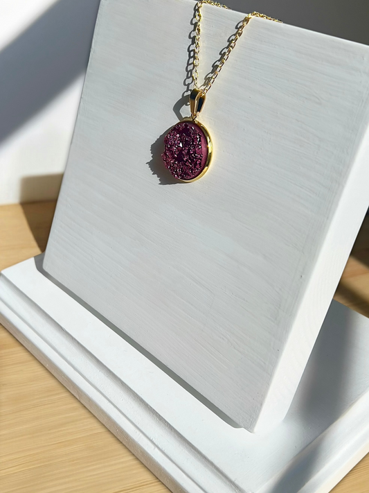 Burgundy Druzy Resin Necklace | Gold