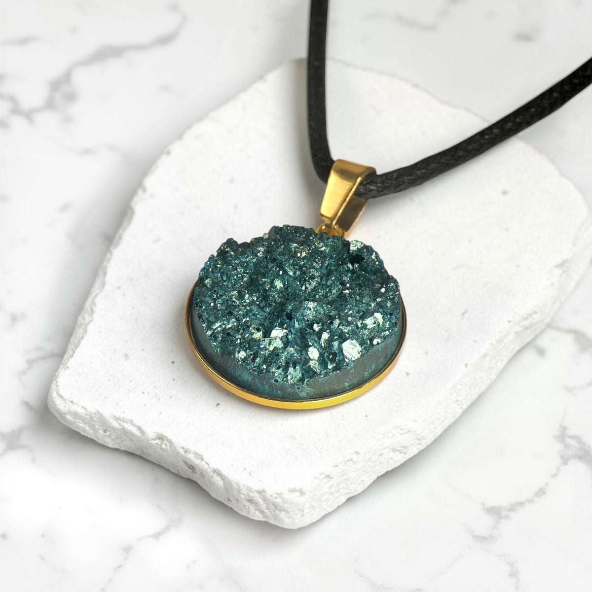Deep Turquoise Druzy Necklace | Black Cord