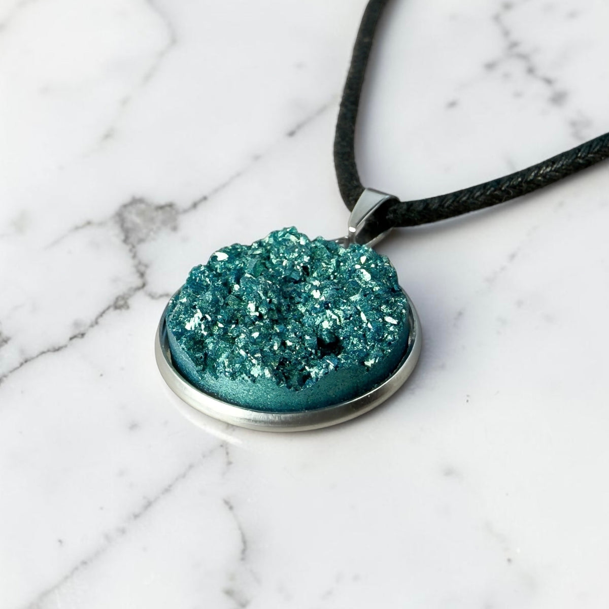 Deep Turquoise Druzy Resin Necklace | Black Cord