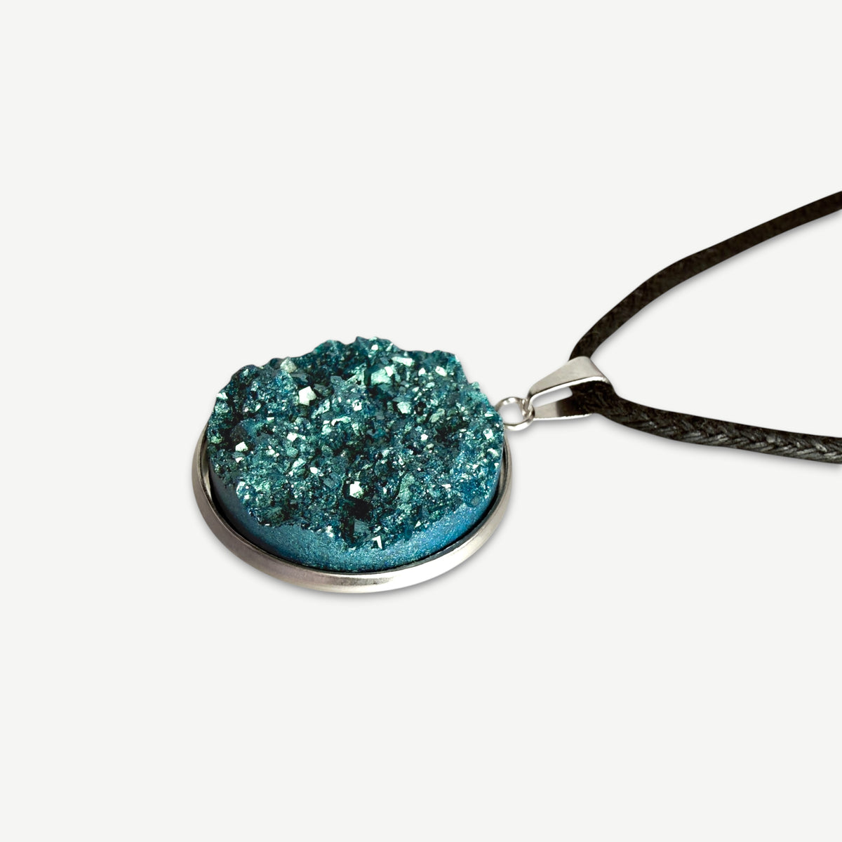 Deep Turquoise Druzy Resin Necklace | Black Cord
