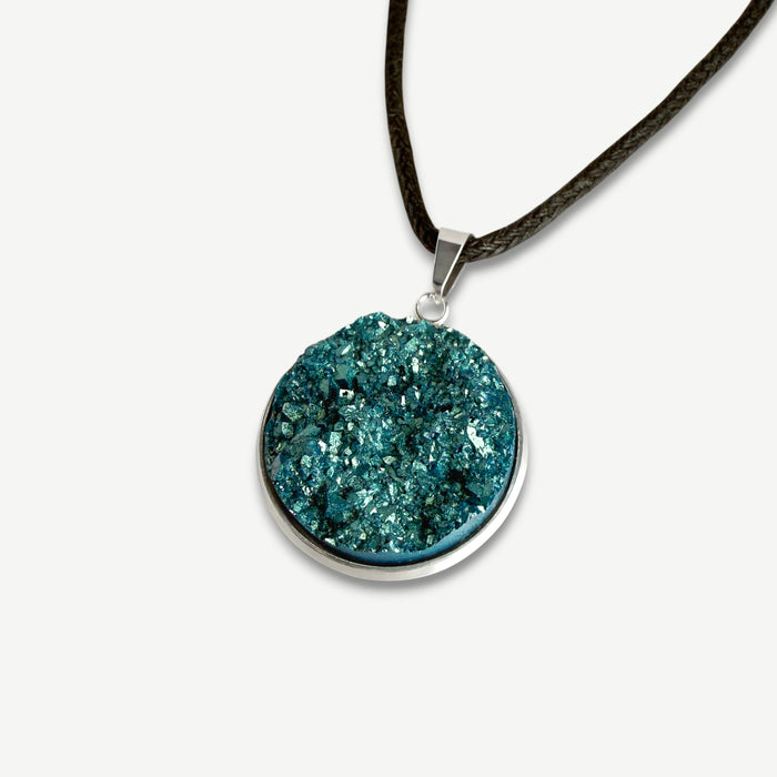Deep Turquoise Druzy Resin Necklace | Black Cord