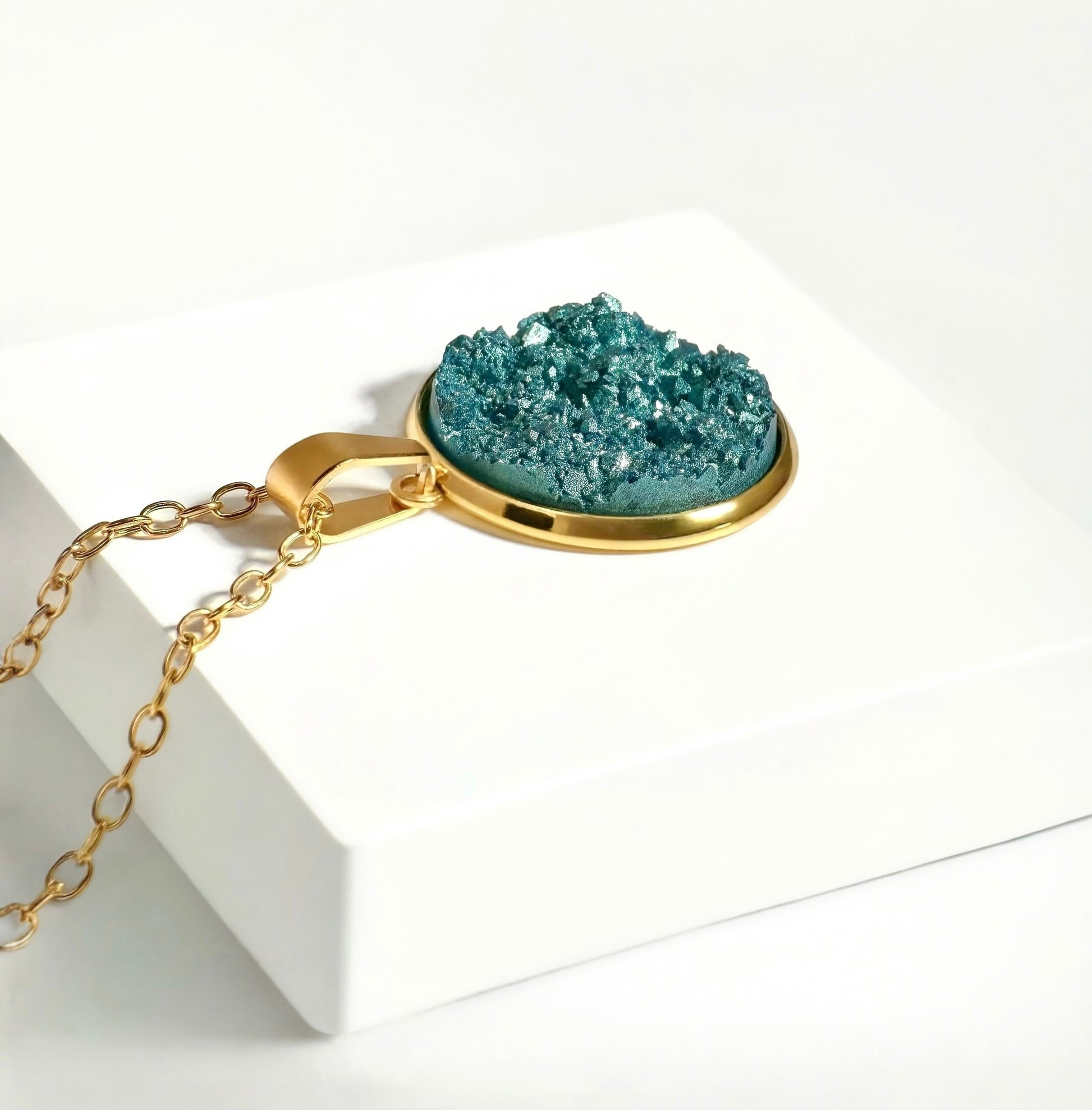 Deep Sea Green Resin Druzy Necklace- Gold Vermeil Chain