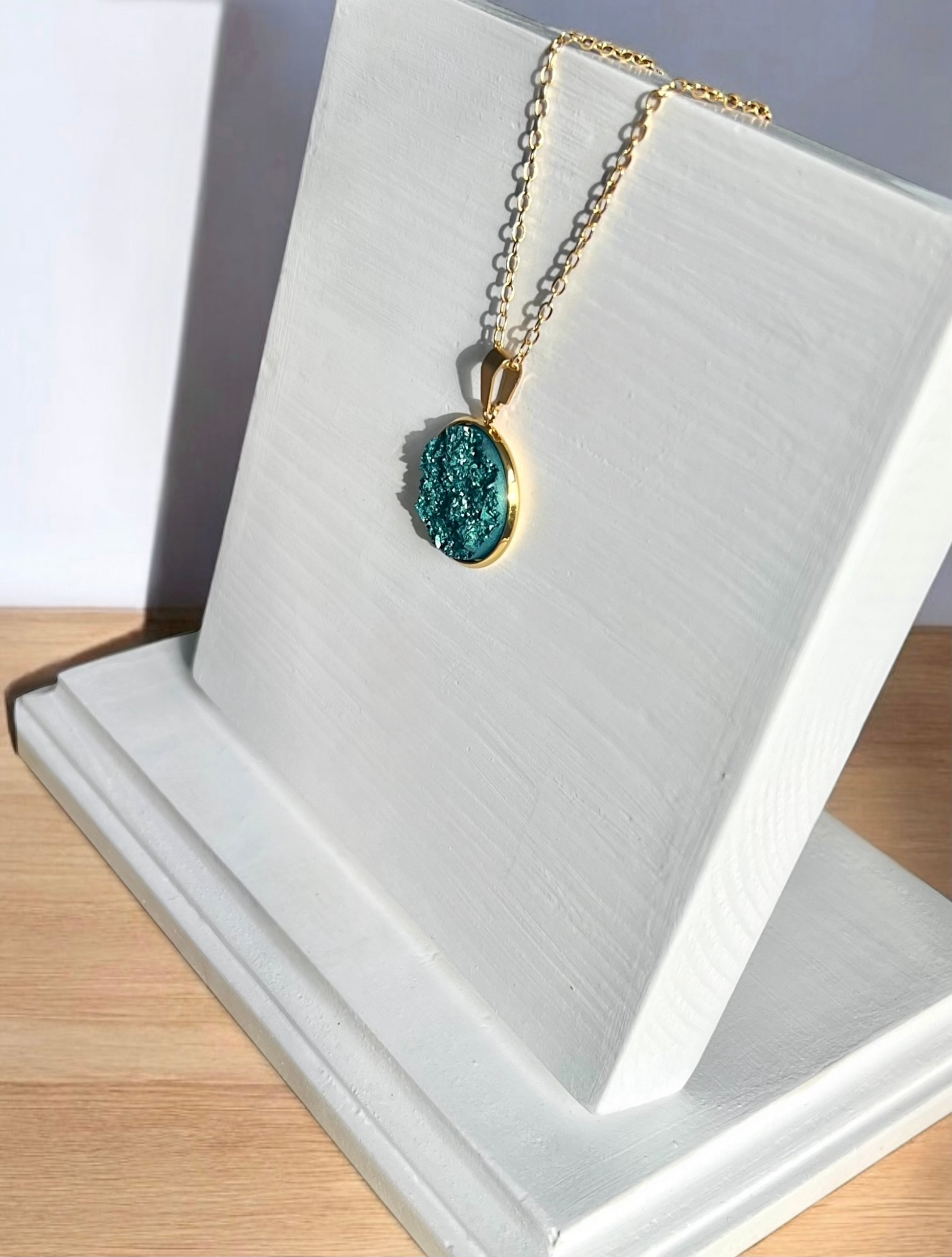 Deep Sea Green Resin Druzy Necklace- Gold Vermeil Chain