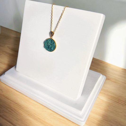 Deep Sea Green Resin Druzy Necklace- Gold Vermeil Chain