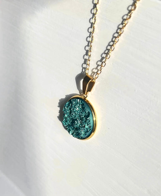 Deep Sea Green Resin Druzy Necklace- Gold Vermeil Chain