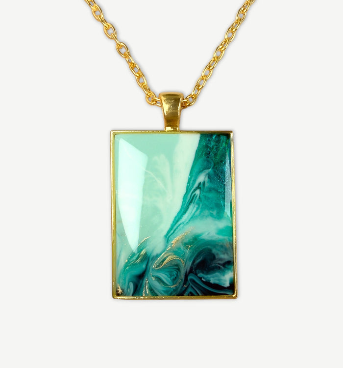 Emerald Tide Rectangular Resin Pendant Necklace | Gold