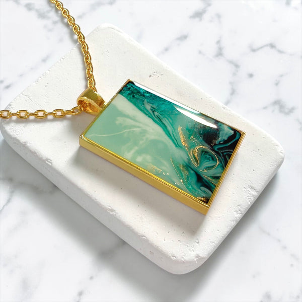 Emerald Tide Rectangular Resin Pendant Necklace | Gold