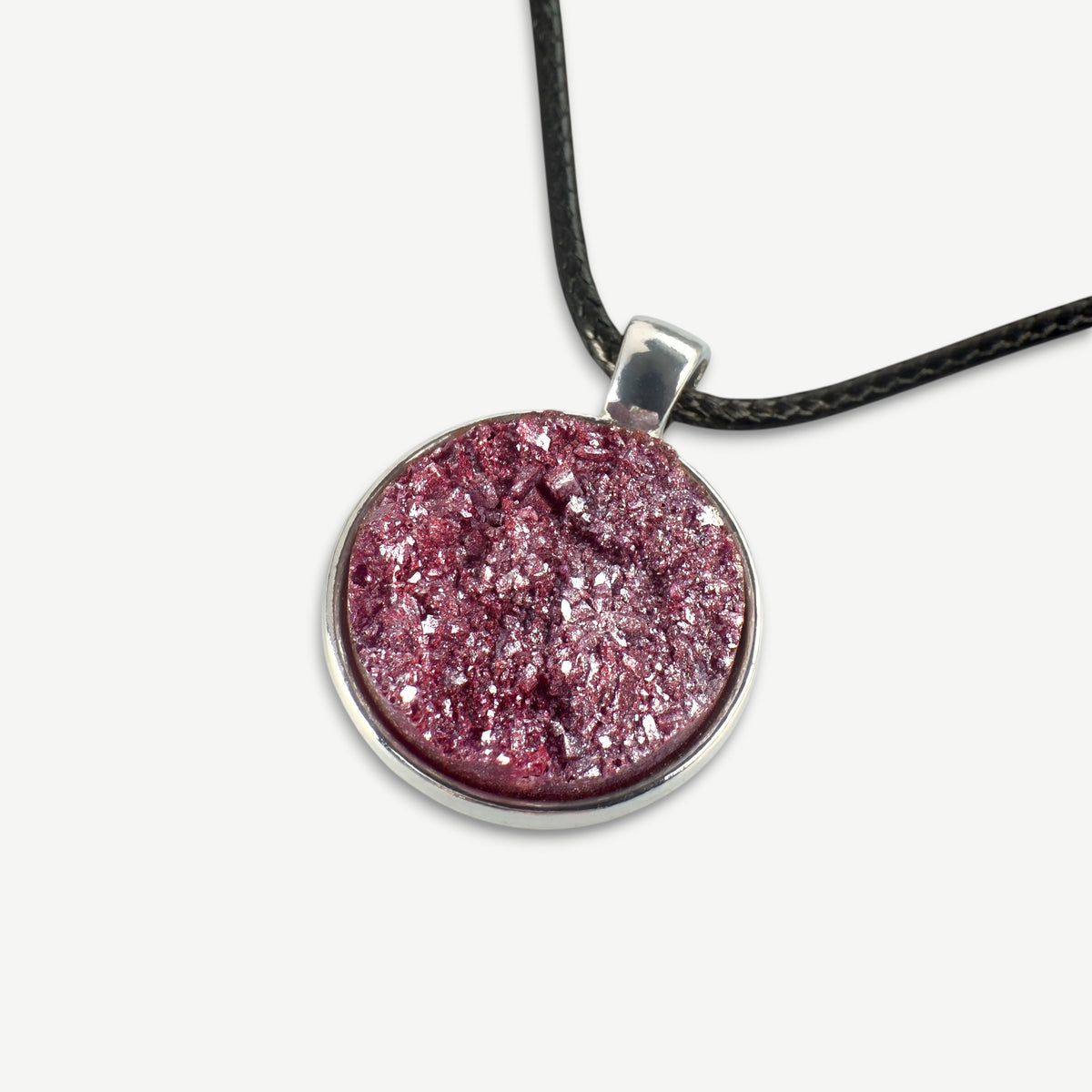 Frosted Raspberry Druzy Resin Necklace | Black Cord