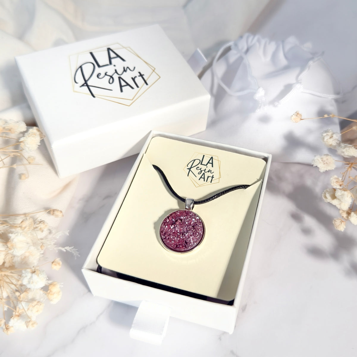 Frosted Raspberry Druzy Resin Necklace | Black Cord