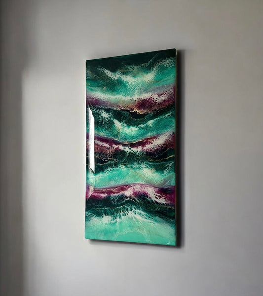 12" x 24" Deep Turquoise, Teal, Magenta, and Gold Resin Painting