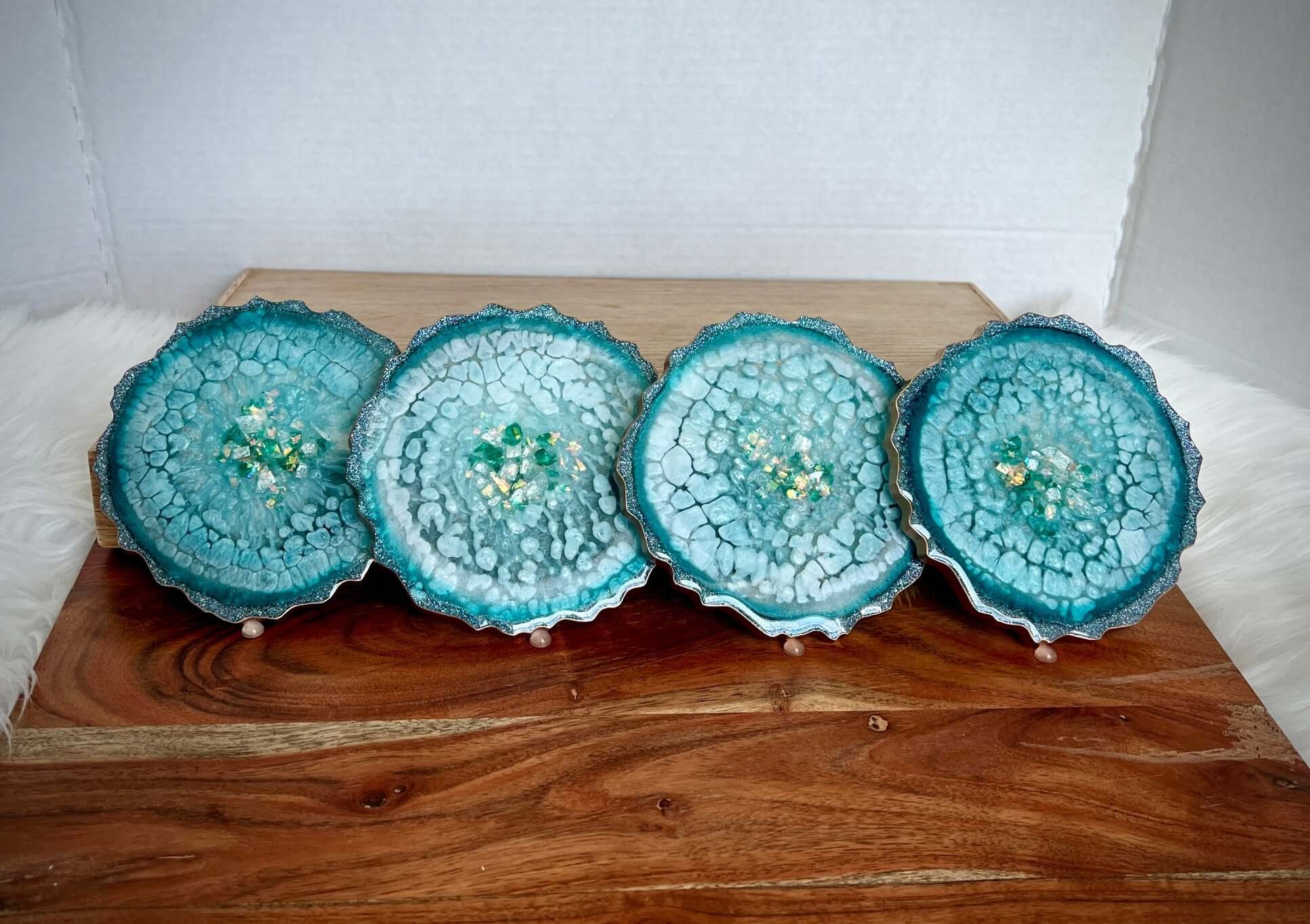 Turquoise and Teal-Blue Agate-Shaped Casted Resin Coaster Set