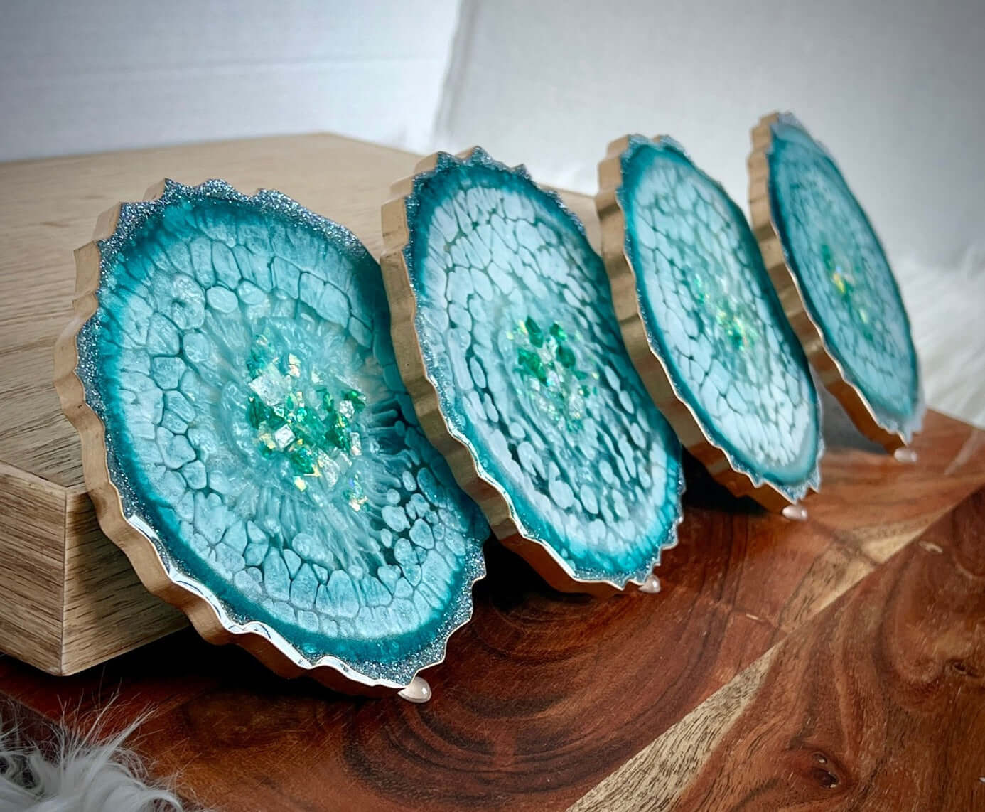 Turquoise and Teal-Blue Agate-Shaped Casted Resin Coaster Set