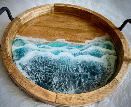 Resin Beach Waves Wooden Serving Tray