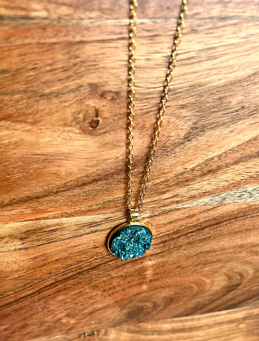 Turquoise-Blue Druzy Resin Necklace- Gold Vermeil Chain and Pendant Tray