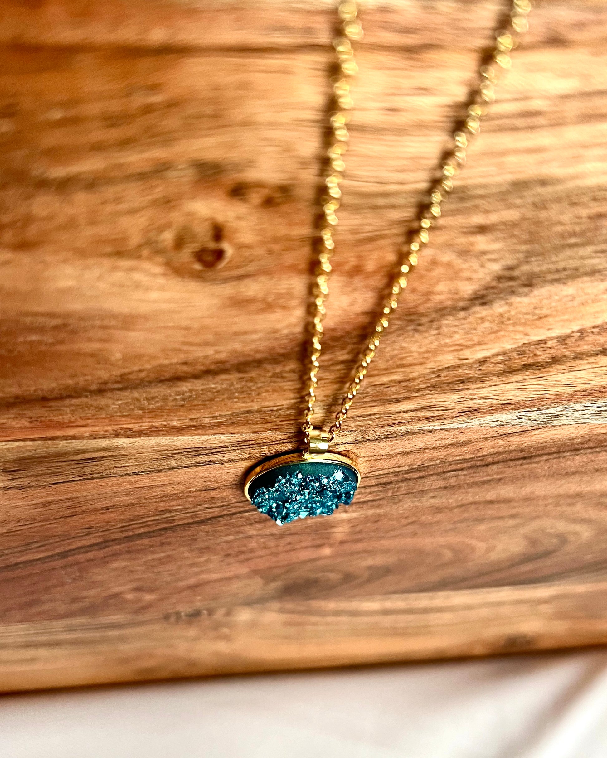 Turquoise-Blue Druzy Resin Necklace- Gold Vermeil Chain and Pendant Tray