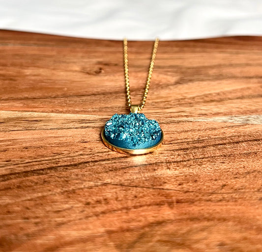 Turquoise-Blue Druzy Resin Necklace- Gold Vermeil Chain and Pendant Tray