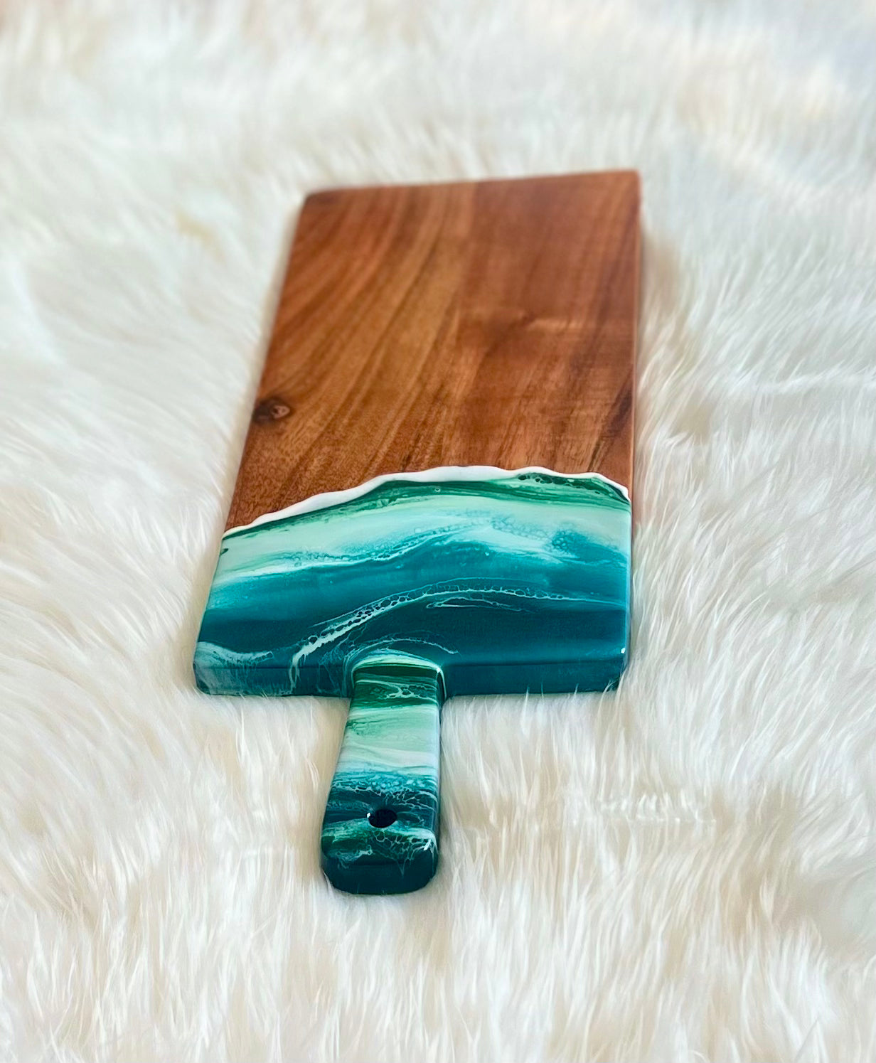 Shimmery Turquoise, Sage, and Green Resin-Painted Charcuterie Tray