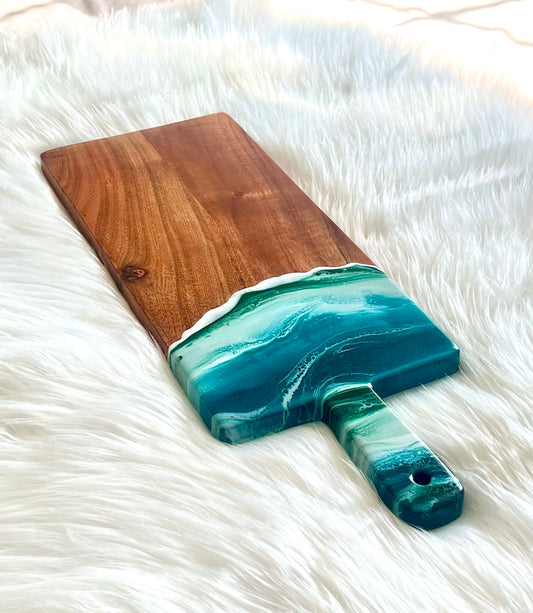 Shimmery Turquoise, Sage, and Green Resin-Painted Charcuterie Tray