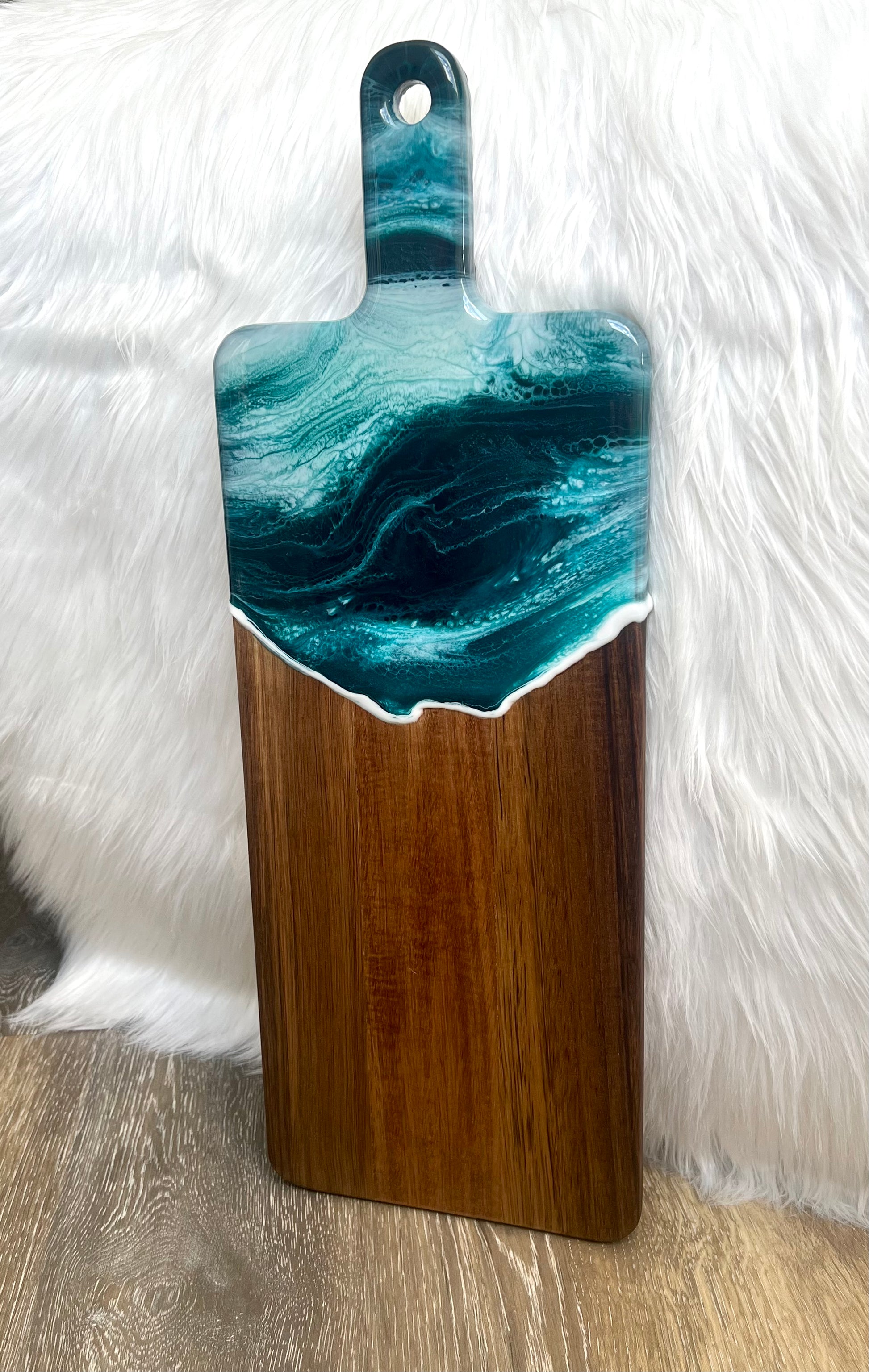 Shimmery Turquoise and Blue Resin-Painted Charcuterie Tray