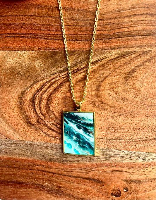 Turquoise, Sage, and Gold Small Rectangle Resin Pendant Necklace