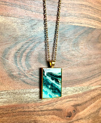 Turquoise, Sage, and Gold Small Rectangle Resin Pendant Necklace