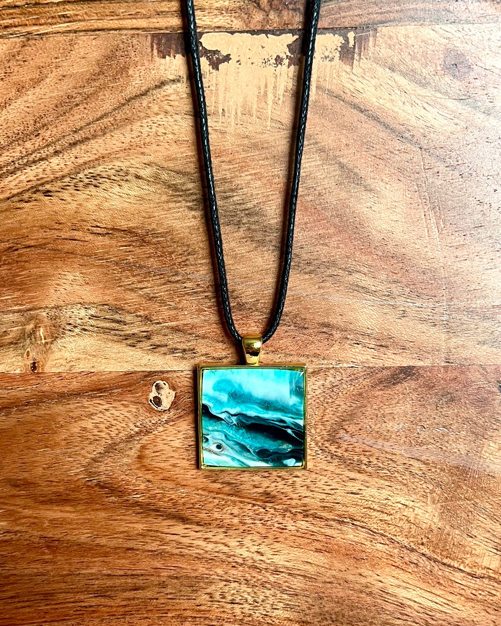 Turquoise, Sage, and Gold Square Resin Pendant Necklace