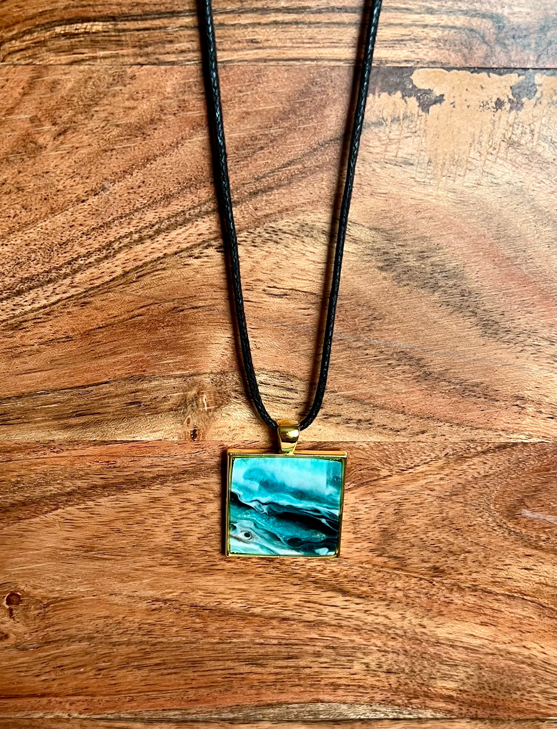 Turquoise, Sage, and Gold Square Resin Pendant Necklace